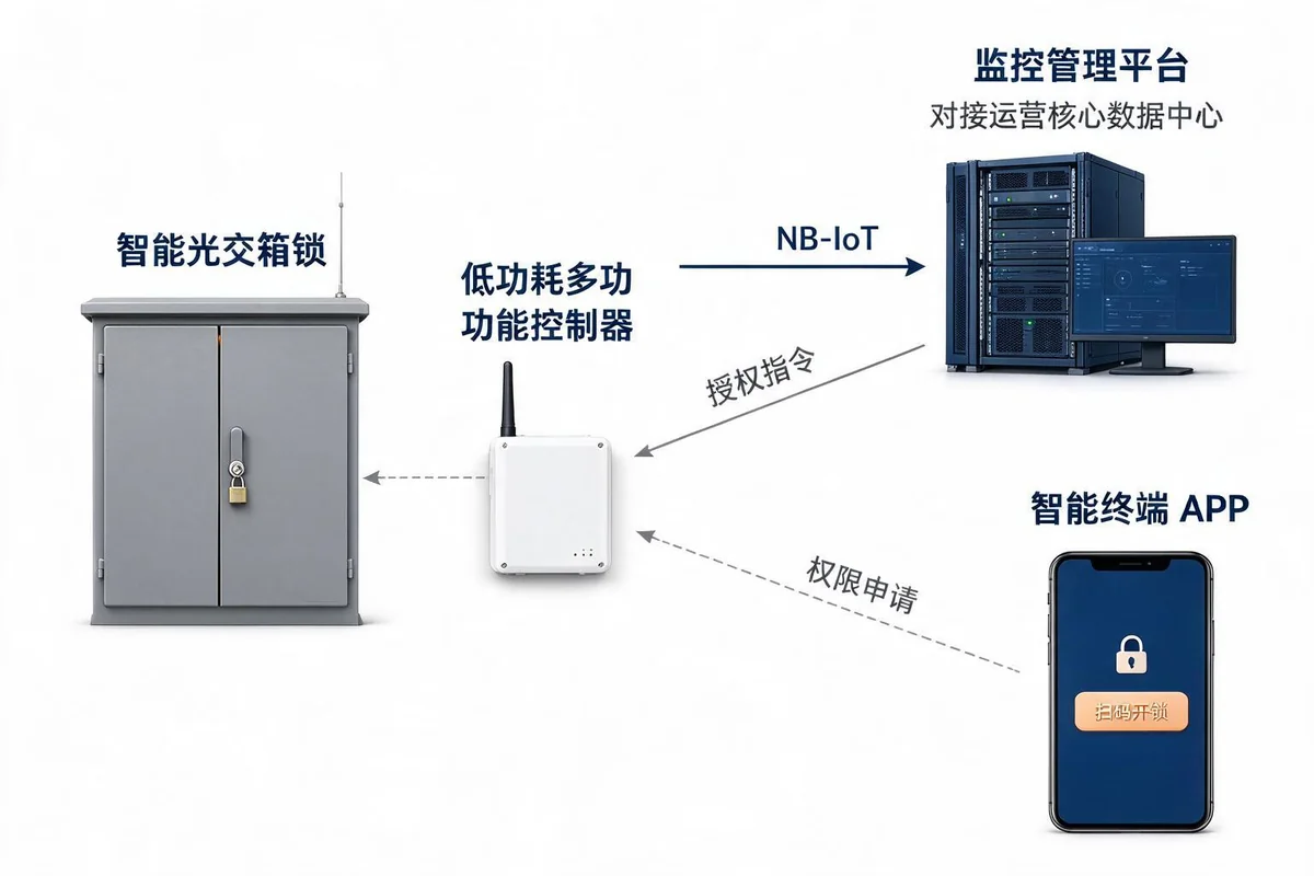 智能光交箱锁、低功耗多功能控制器、智能终端APP与监控管理平台之间的NB-IoT通信与授权关系示意图